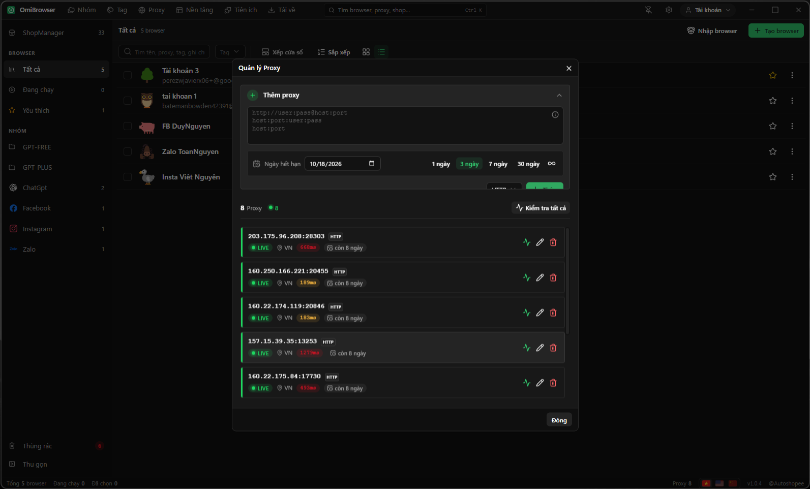 Quản lý danh sách proxy – giao diện OmiBrowser