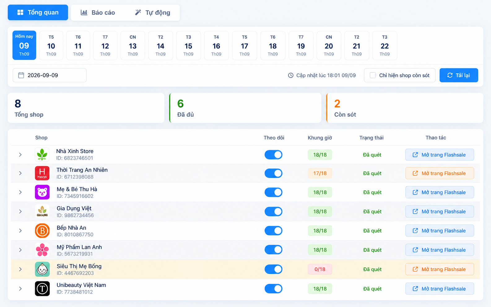 Flash Sale đa shop – giao diện Shop Manager