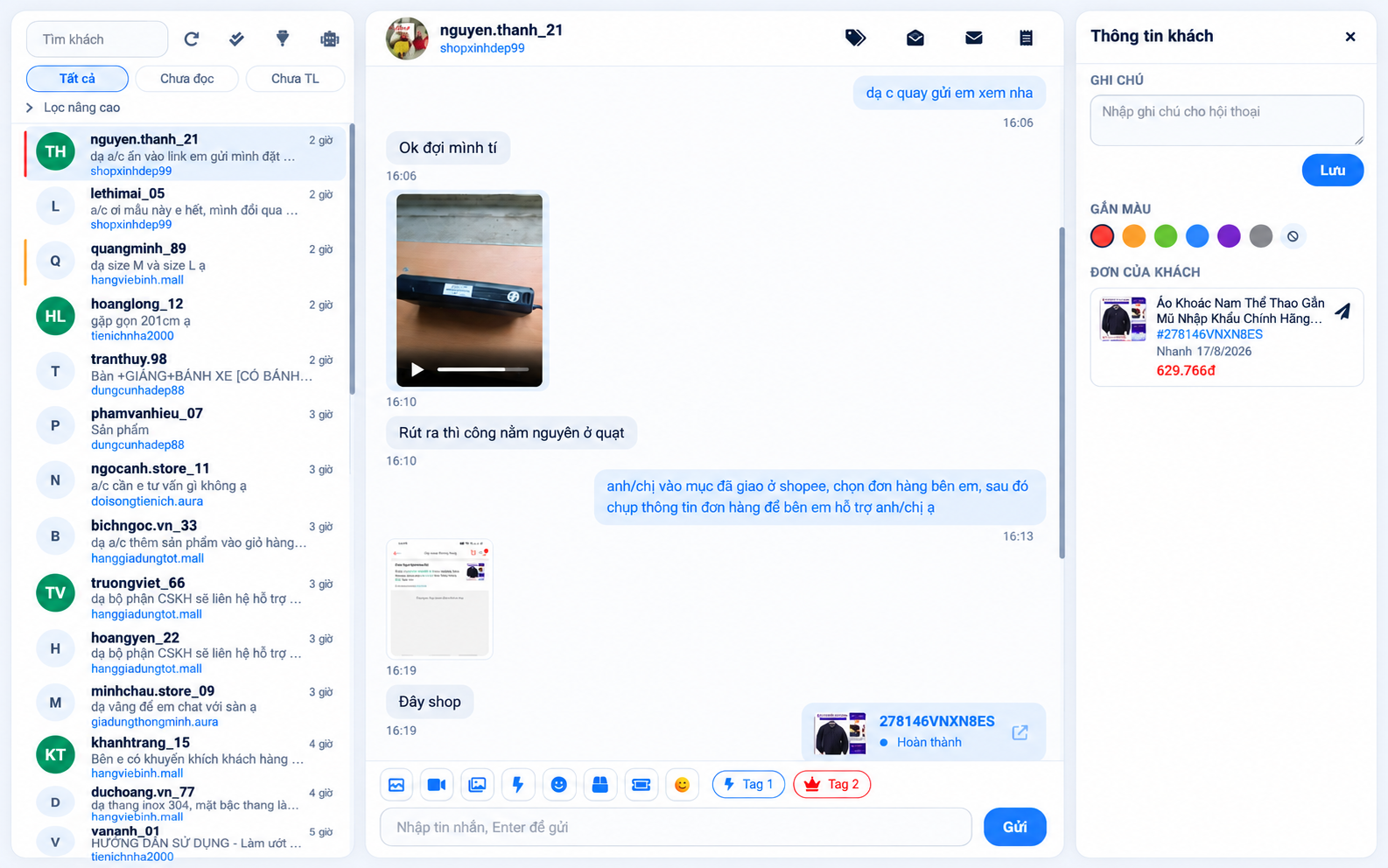 Chat với khách hàng – giao diện Shop Manager