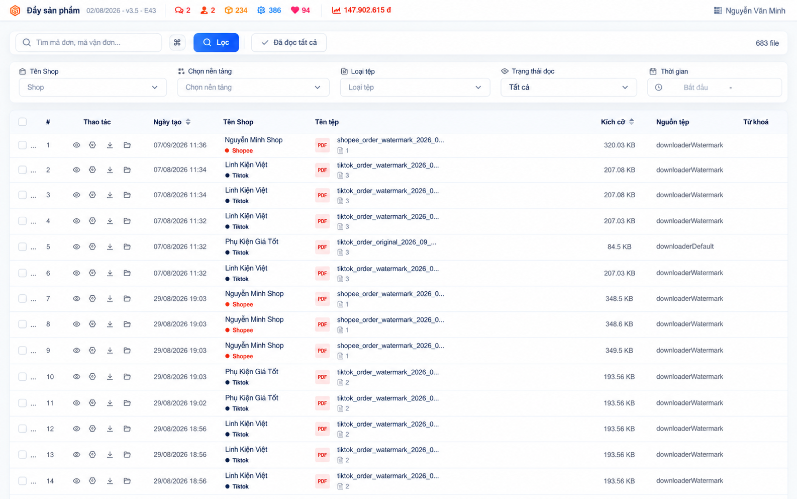 Lịch sử file in – giao diện Shop Manager