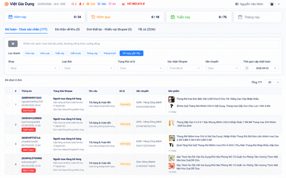 Đơn hoàn và đơn lỗi – giao diện Shop Manager