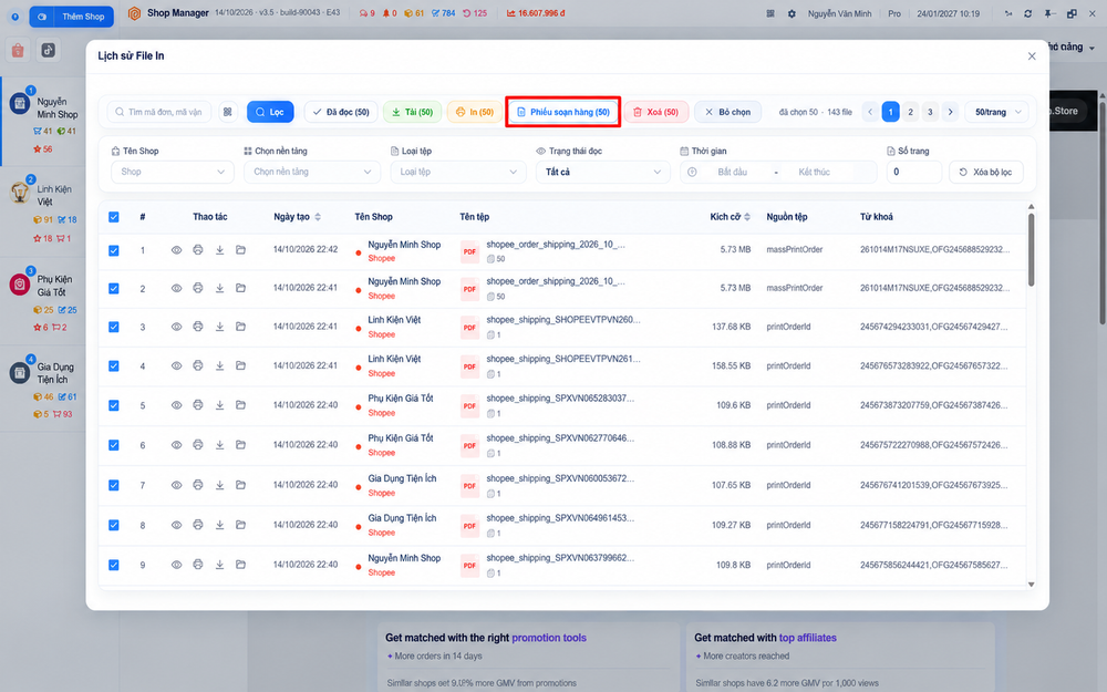 Tạo phiếu soạn hàng từ file in – giao diện Shop Manager