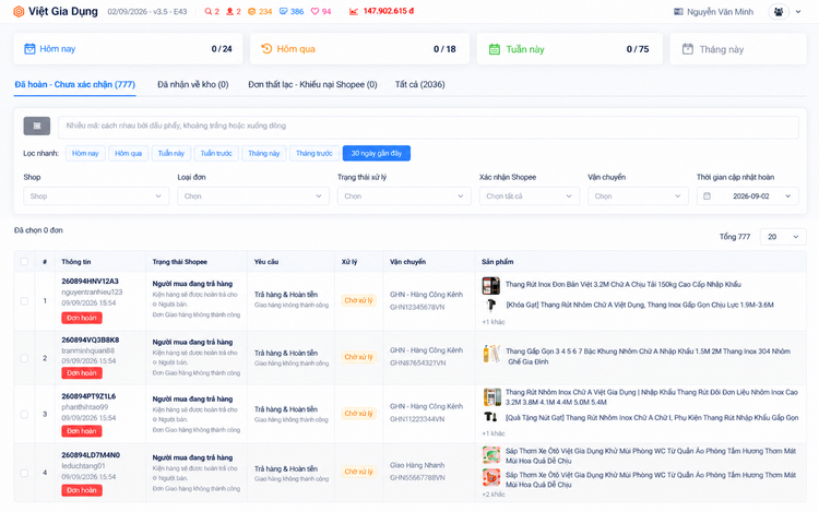 Đơn hoàn và đơn lỗi – màn hình Shop Manager