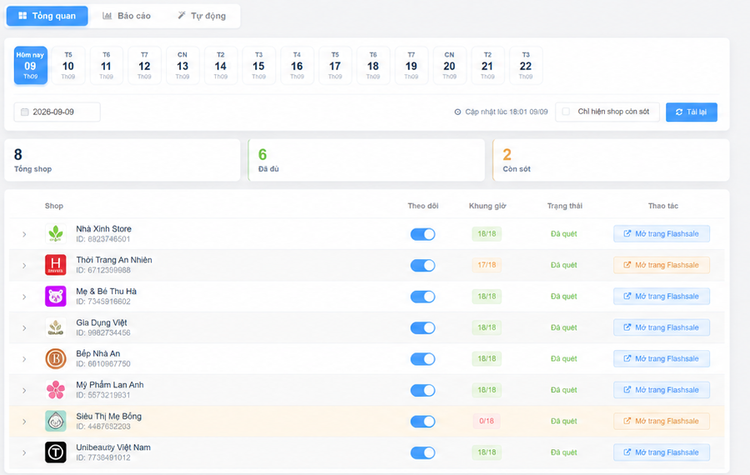 Flash Sale đa shop – màn hình Shop Manager